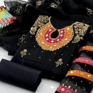 3 Pcs Women's Unstitched Fancy Organza Mirror Work Embroidered Suit